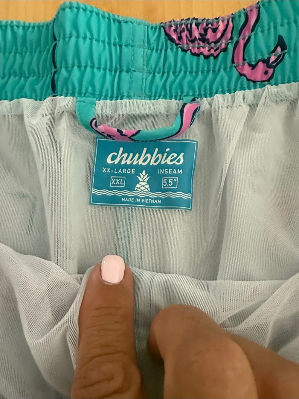 chubbies Turquoise Swim Trunks with Pink Flamingo Print